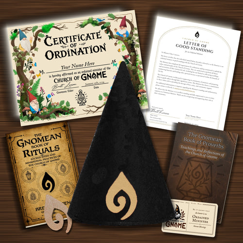 Gnomean Minister & Library Bundle with Whimsical certificate and Black Sacred Gnome Hat