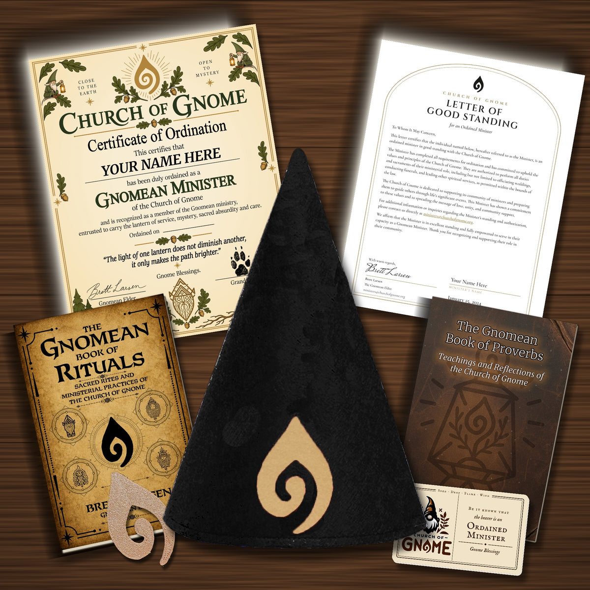 Gnomean Minister & Library Bundle with Fancy certificate and Black Sacred Gnome Hat