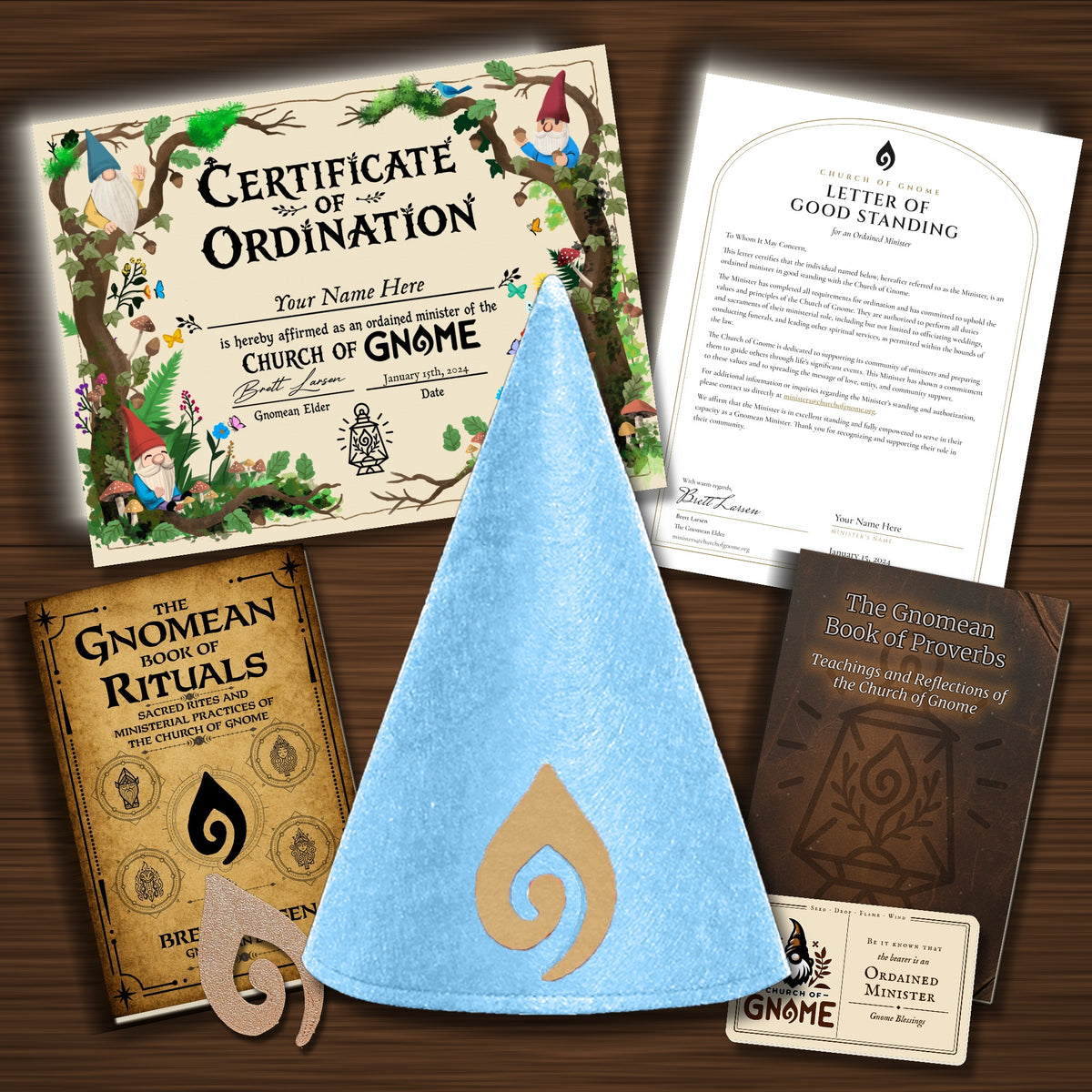 Gnomean Minister & Library Bundle with Whimsical certificate and Blue Sacred Gnome Hat