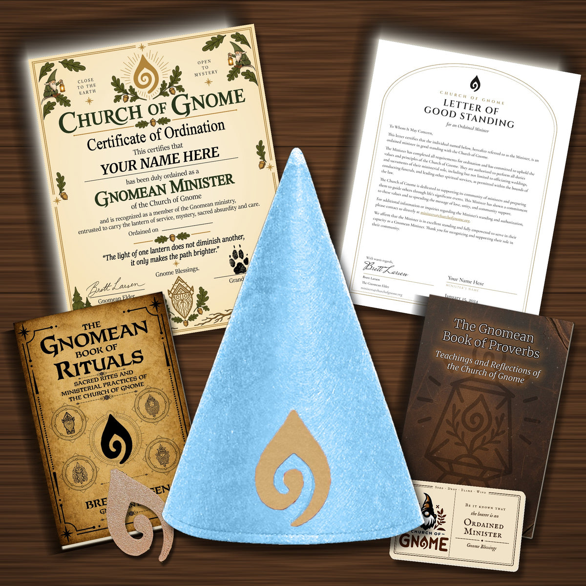 Gnomean Minister & Library Bundle with Fancy certificate and Blue Sacred Gnome Hat