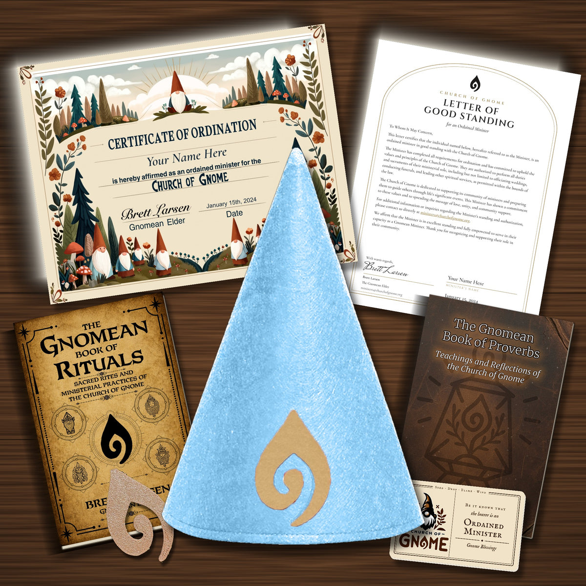Gnomean Minister & Library Bundle with Original certificate and Blue Sacred Gnome Hat