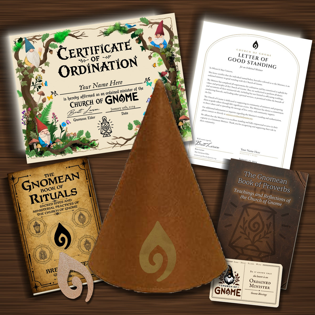 Gnomean Minister & Library Bundle with Whimsical certificate and Brown Sacred Gnome Hat