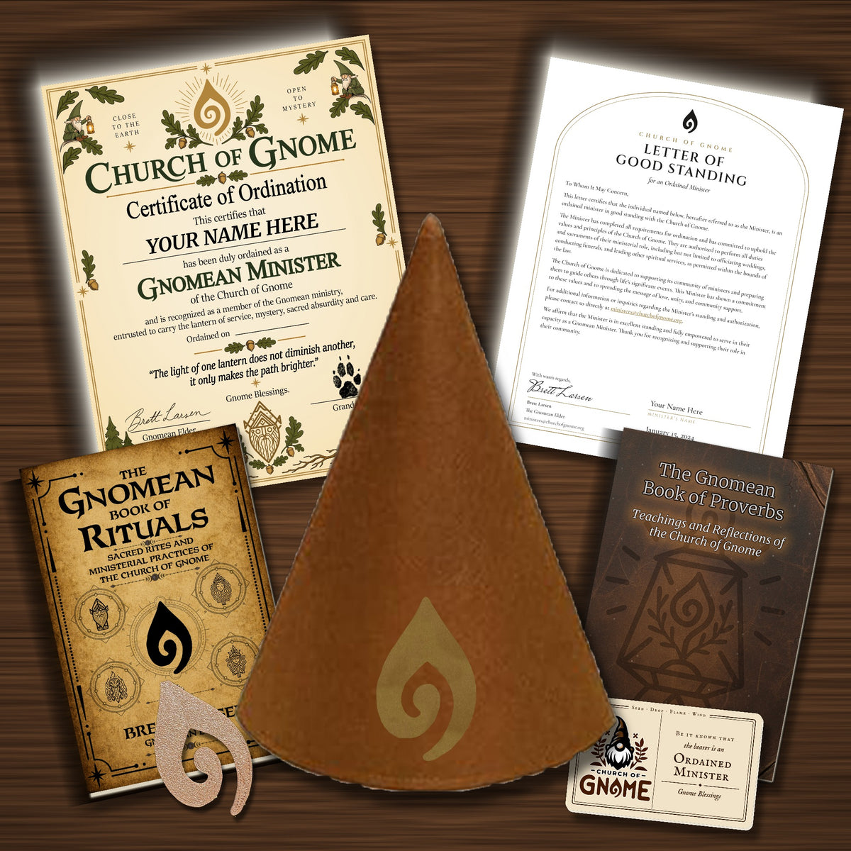 Gnomean Minister & Library Bundle with Fancy certificate and Brown Sacred Gnome Hat