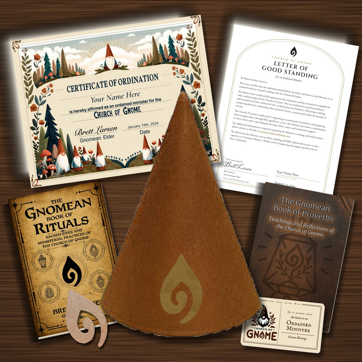 Gnomean Minister & Library Bundle with Original certificate and Brown Sacred Gnome Hat