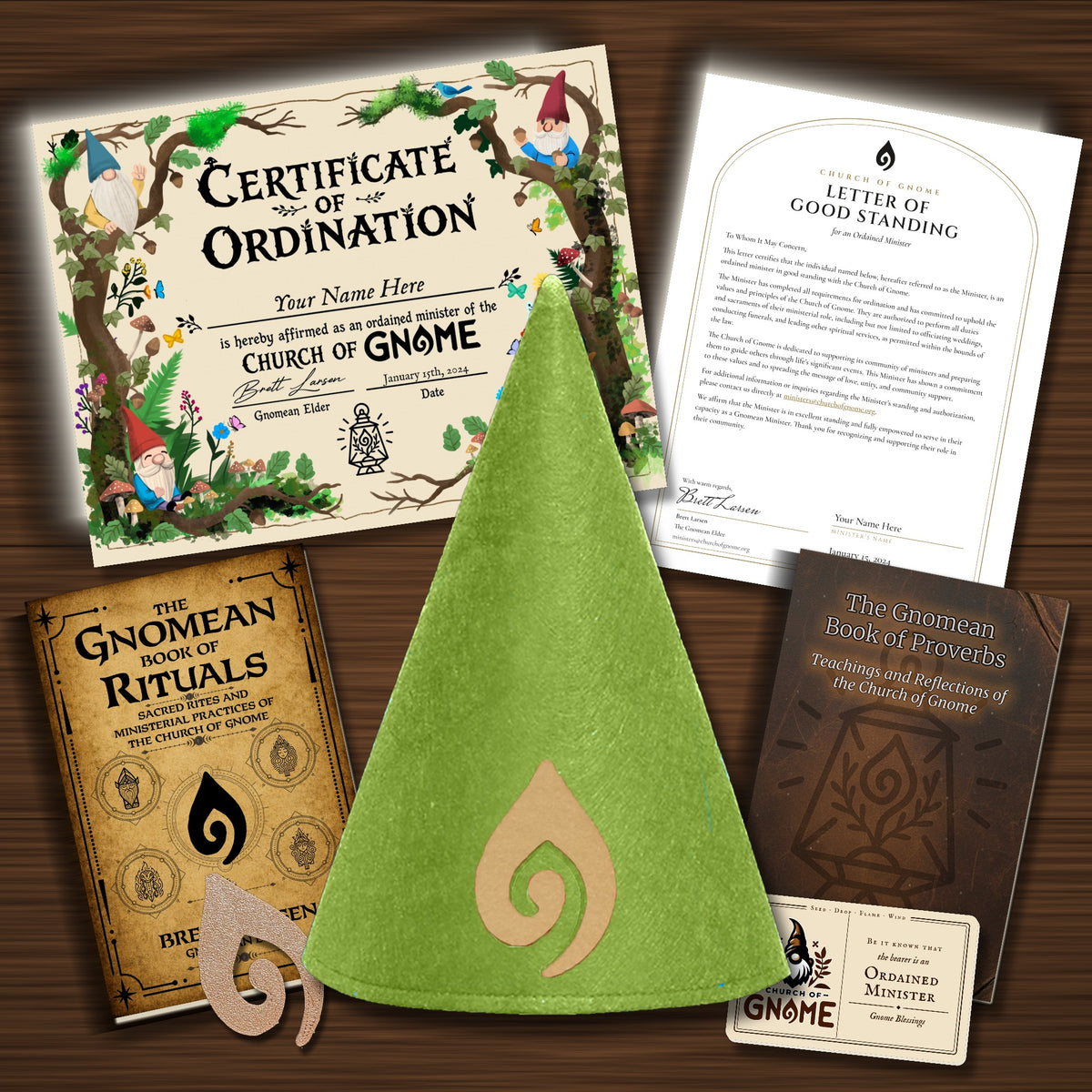 Gnomean Minister & Library Bundle with Whimsical certificate and Green Sacred Gnome Hat