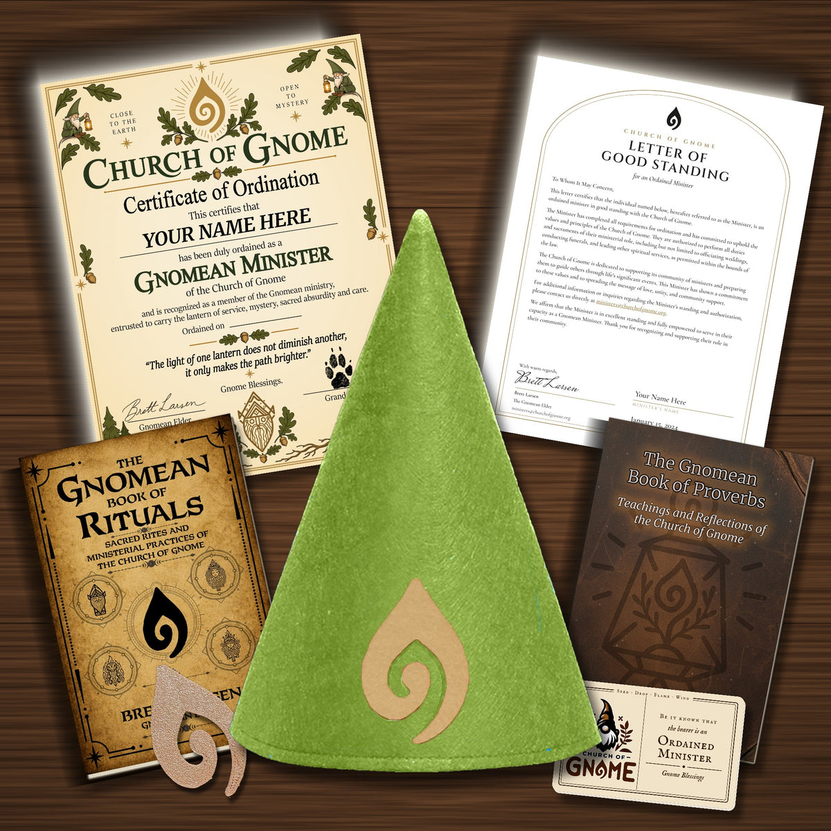 Gnomean Minister & Library Bundle with Fancy certificate and Green Sacred Gnome Hat