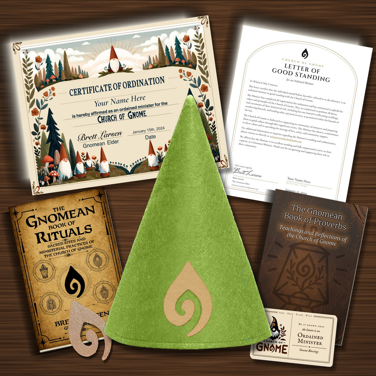 Gnomean Minister & Library Bundle with Original certificate and Green Sacred Gnome Hat