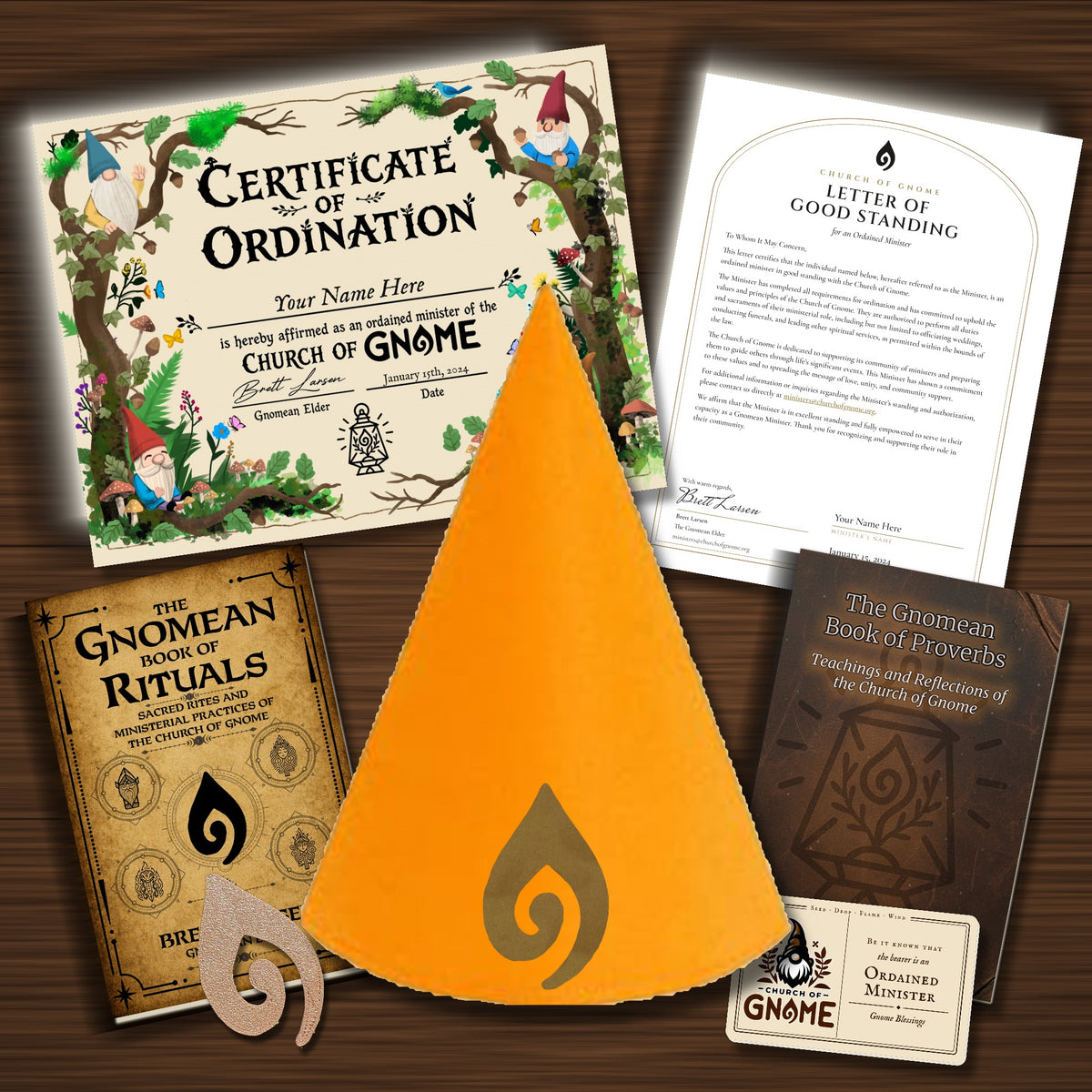Gnomean Minister & Library Bundle with Whimsical certificate and Orange Sacred Gnome Hat
