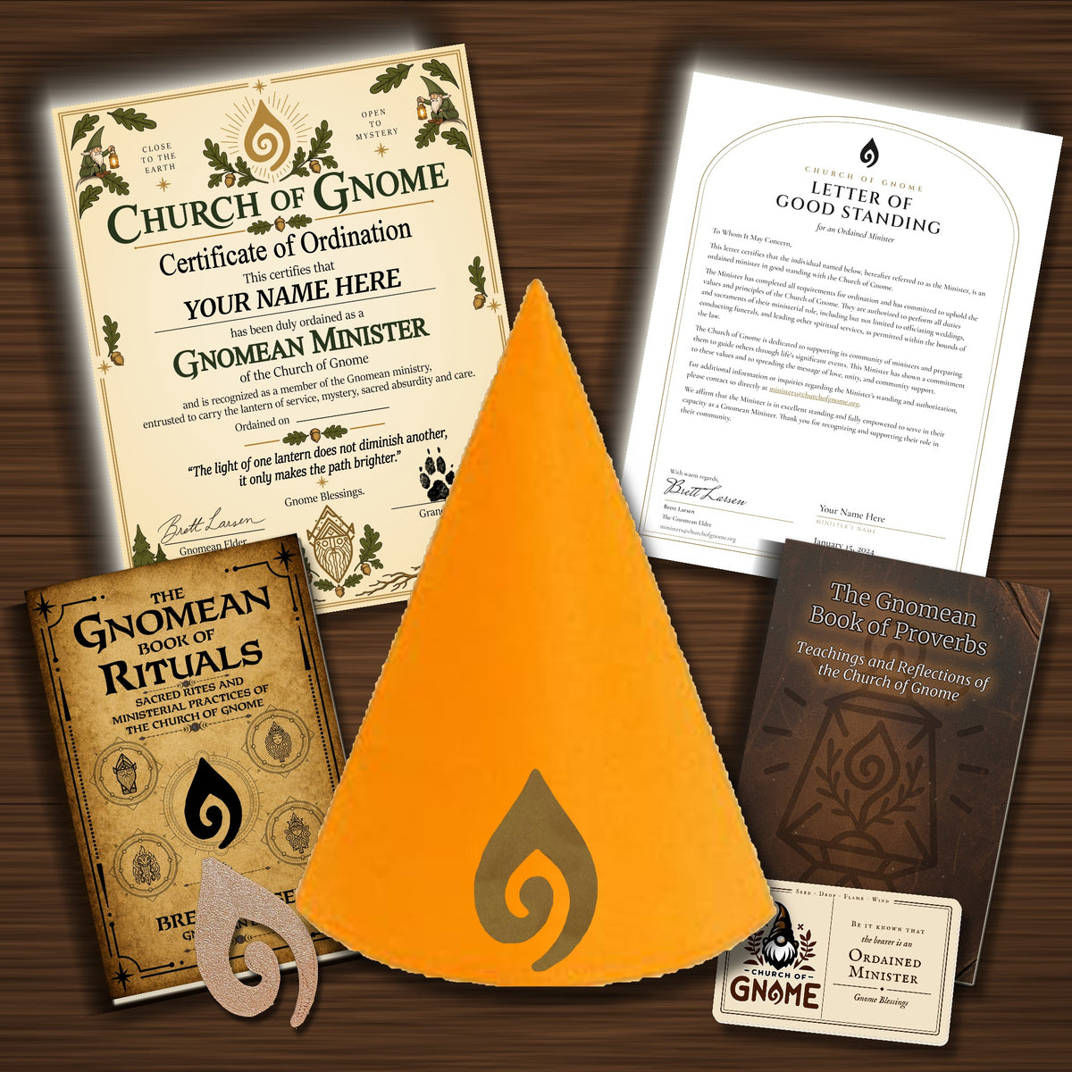 Gnomean Minister & Library Bundle with Fancy certificate and Orange Sacred Gnome Hat