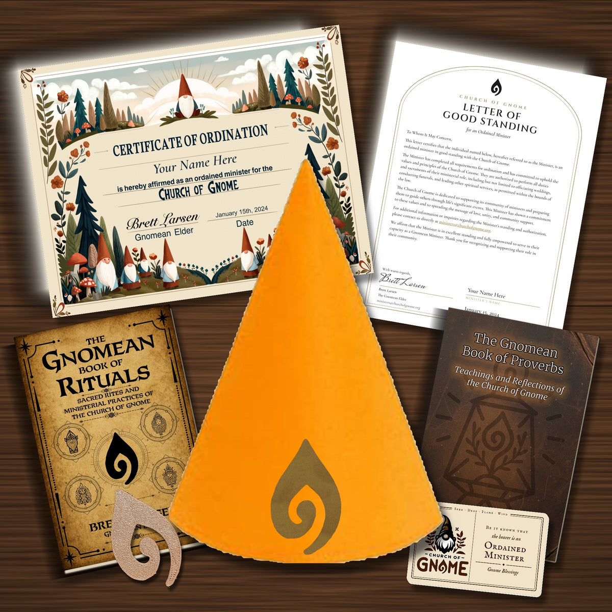 Gnomean Minister & Library Bundle with Original certificate and Orange Sacred Gnome Hat