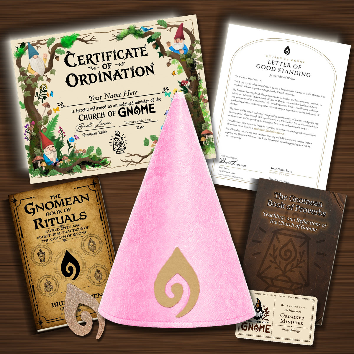 Gnomean Minister & Library Bundle with Whimsical certificate and Pink Sacred Gnome Hat