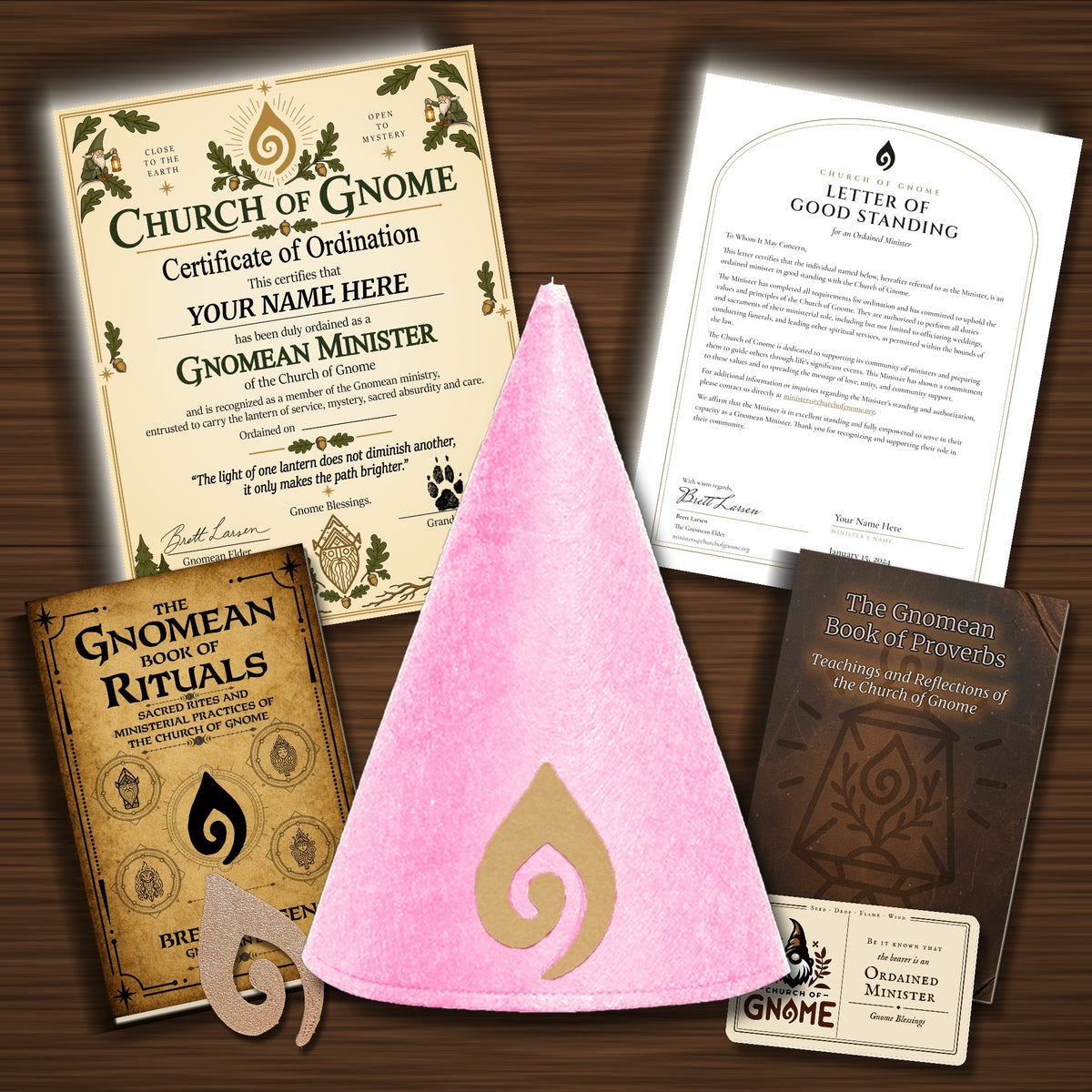 Gnomean Minister & Library Bundle with Fancy certificate and Pink Sacred Gnome Hat