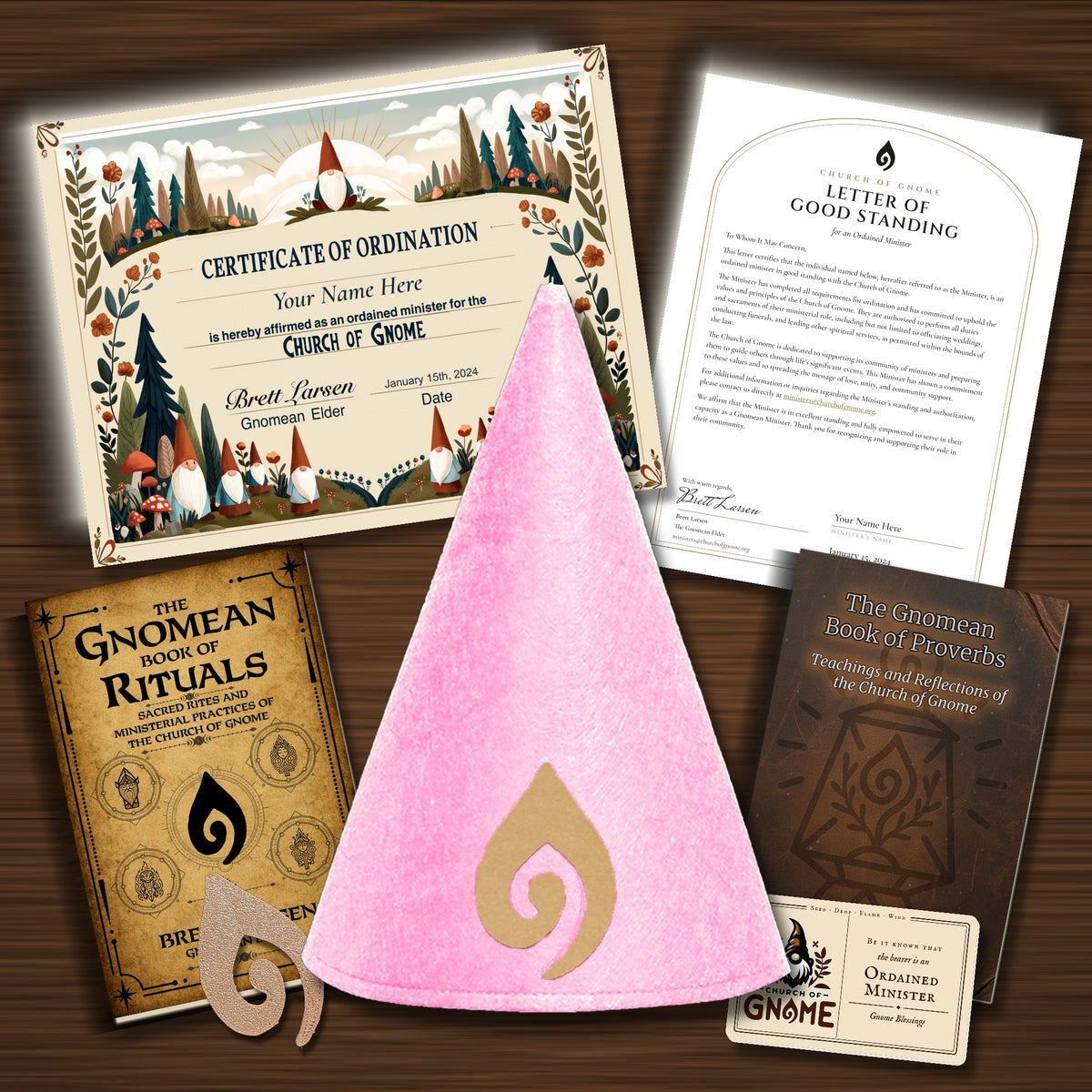 Gnomean Minister & Library Bundle with Original certificate and Pink Sacred Gnome Hat