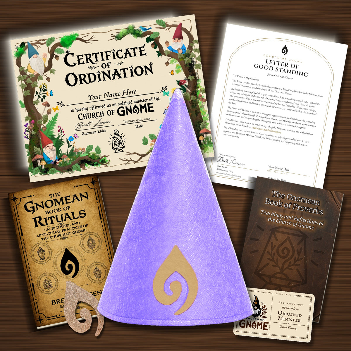 Gnomean Minister & Library Bundle with Whimsical certificate and Purple Sacred Gnome Hat
