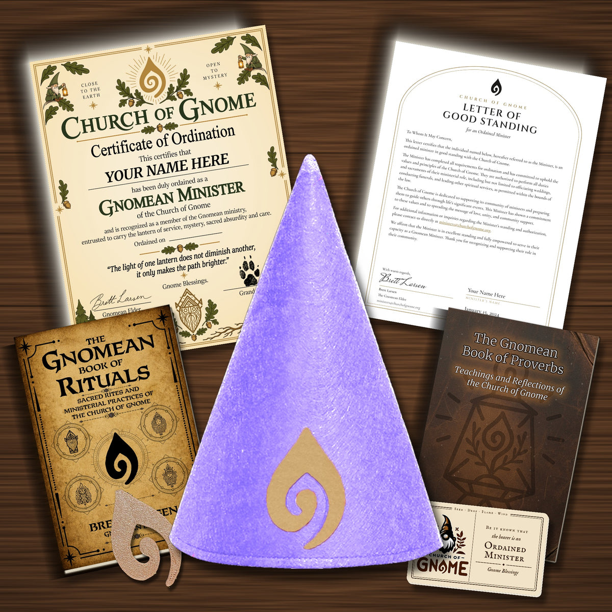 Gnomean Minister & Library Bundle with Fancy certificate and Purple Sacred Gnome Hat