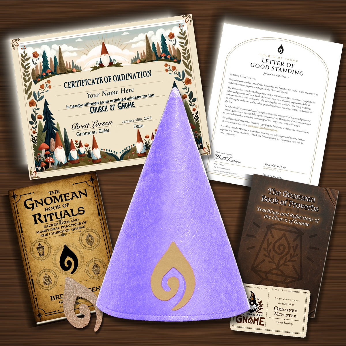Gnomean Minister & Library Bundle with Original certificate and Purple Sacred Gnome Hat