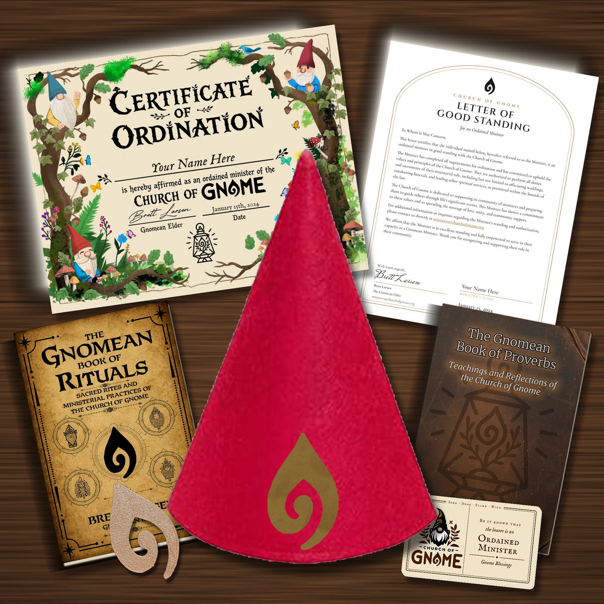 Gnomean Minister & Library Bundle with Whimsical certificate and Red Sacred Gnome Hat