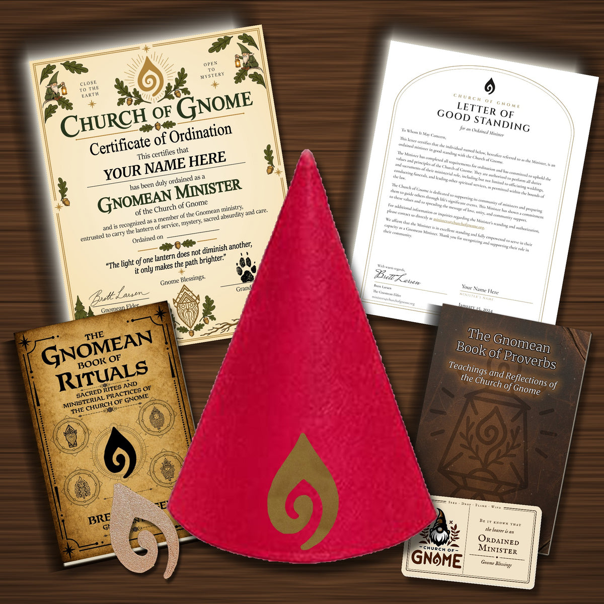 Gnomean Minister & Library Bundle with Fancy certificate and Red Sacred Gnome Hat