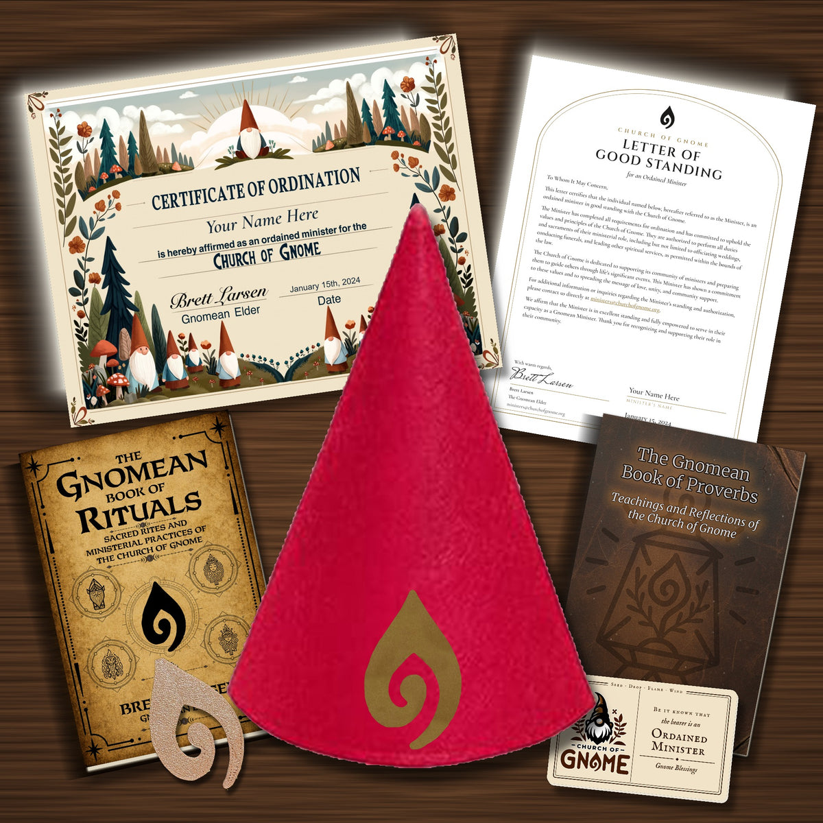 Gnomean Minister & Library Bundle with Original certificate and Red Sacred Gnome Hat