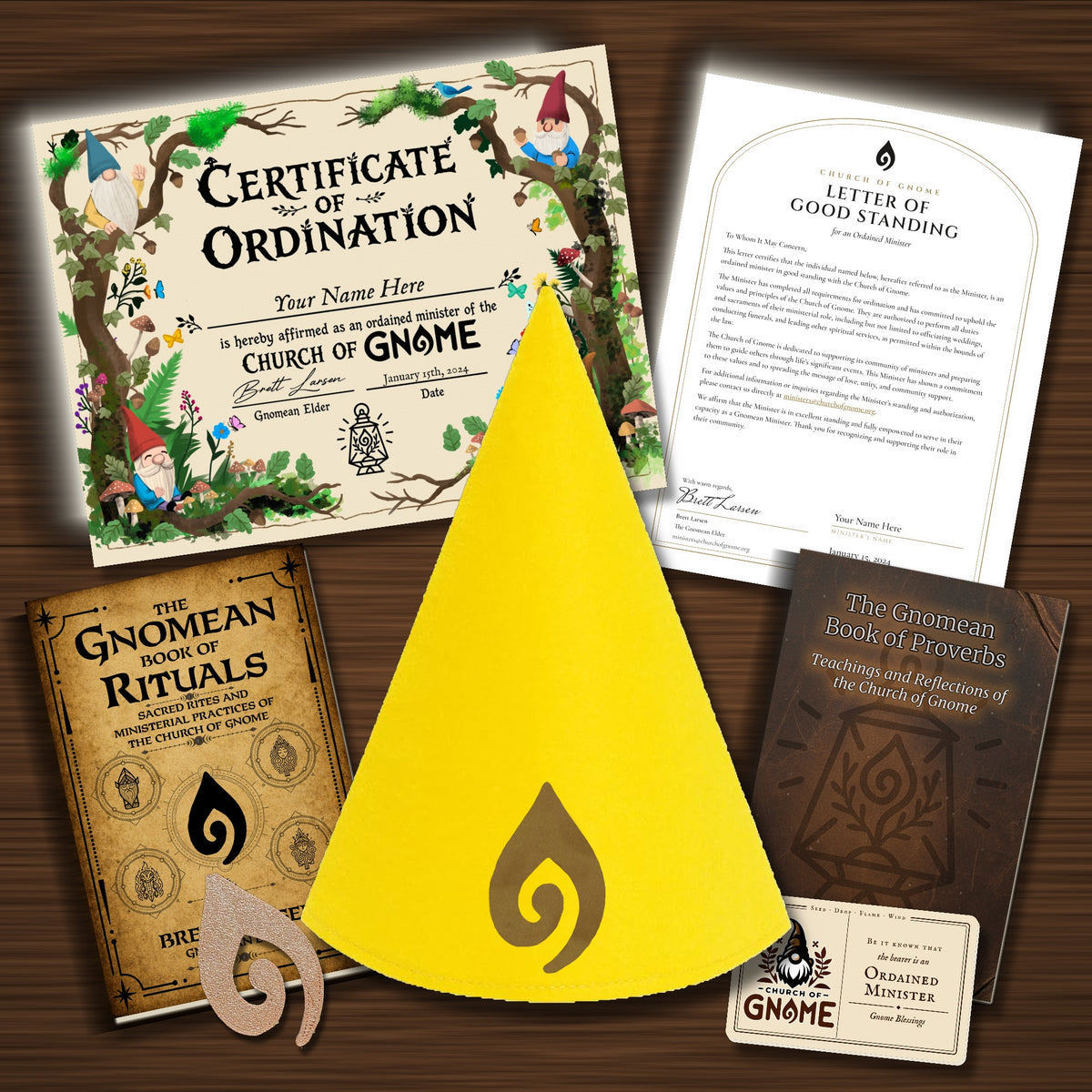 Gnomean Minister & Library Bundle with Whimsical certificate and Yellow Sacred Gnome Hat