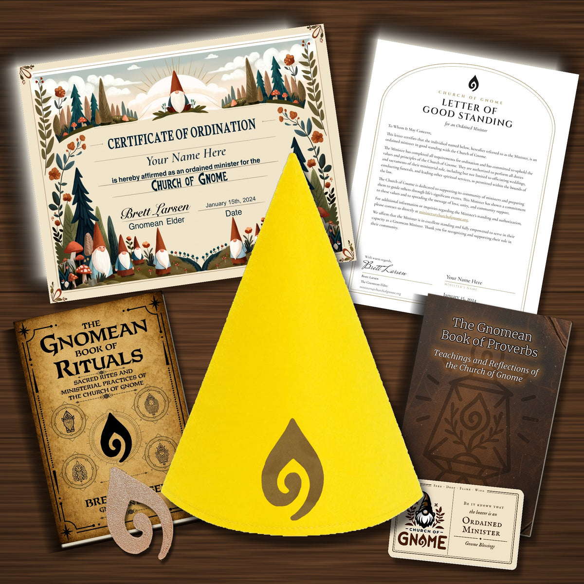 Gnomean Minister & Library Bundle with Original certificate and Yellow Sacred Gnome Hat